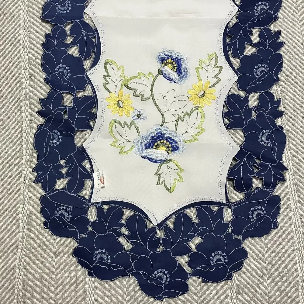 Floral Table Runner Machine Embroidered and Cut Blue Lace Trim 15x34 Polyester